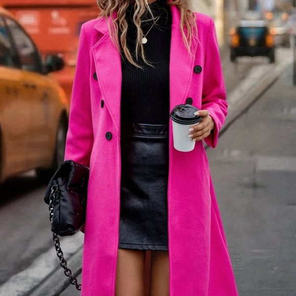 Hot Pink Lapel Neck Double Breasted Overcoat Jacket - Picture 1 of 5